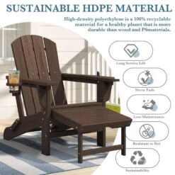 3-Level Adjustable Patio Folding Plastic Adirondack Chair With Retractable Ottoman, Cup And Phone Holders In Coffee -Jearey jearey plastic adirondack chairs clgjtjy co 1f 1000