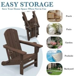 3-Level Adjustable Patio Folding Plastic Adirondack Chair With Retractable Ottoman, Cup And Phone Holders In Coffee -Jearey jearey plastic adirondack chairs clgjtjy co 4f 1000