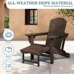 3-Level Adjustable Patio Folding Plastic Adirondack Chair With Retractable Ottoman, Cup And Phone Holders In Coffee -Jearey jearey plastic adirondack chairs clgjtjy co 76 1000
