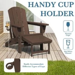 3-Level Adjustable Patio Folding Plastic Adirondack Chair With Retractable Ottoman, Cup And Phone Holders In Coffee -Jearey jearey plastic adirondack chairs clgjtjy co fa 1000