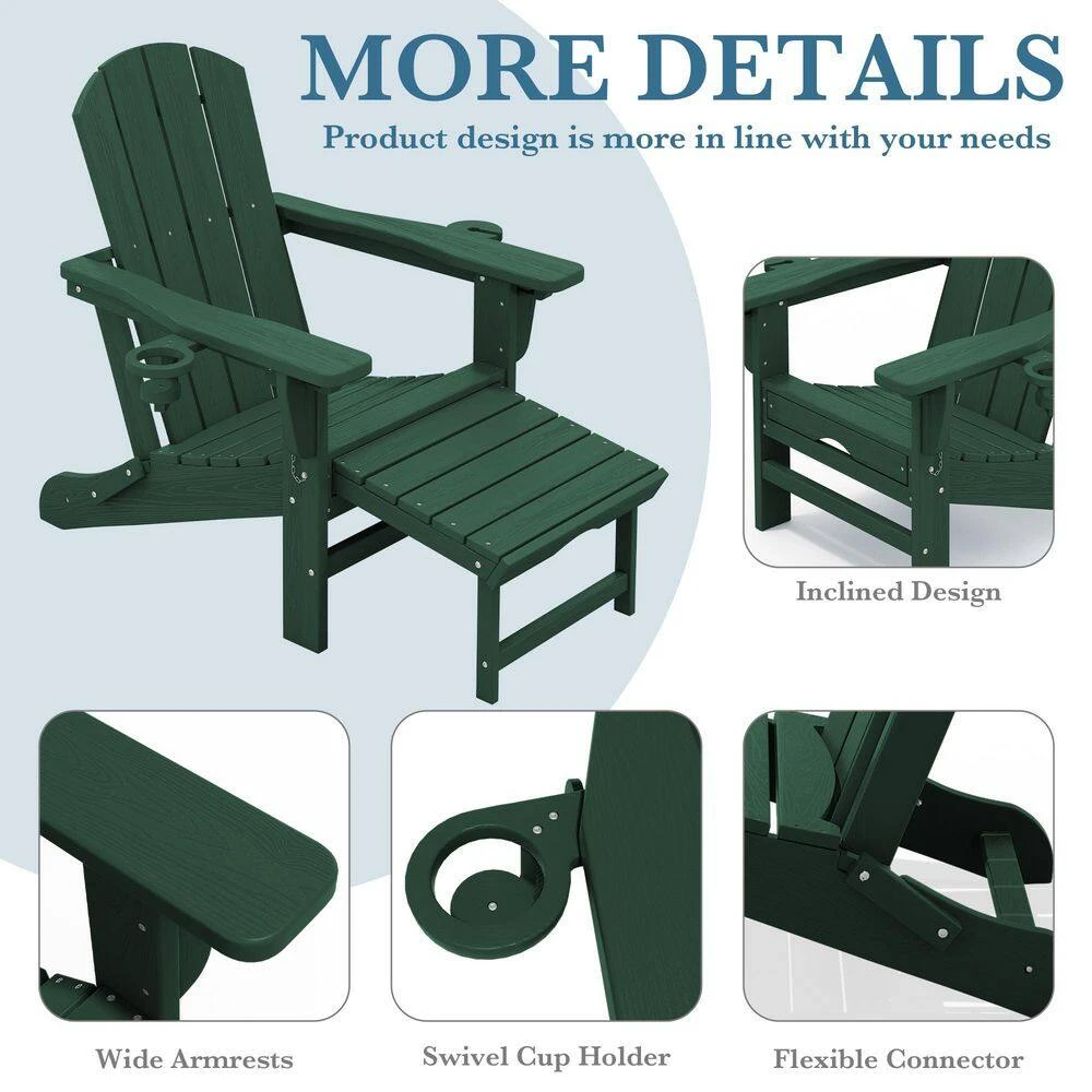 3-Level Adjustable Patio Folding Plastic Adirondack Chair With Retractable Ottoman, Cup And Phone Holders In Dark Green 6 3-Level Adjustable Patio Folding Plastic Adirondack Chair With Retractable Ottoman, Cup And Phone Holders In Dark Green - Image 6