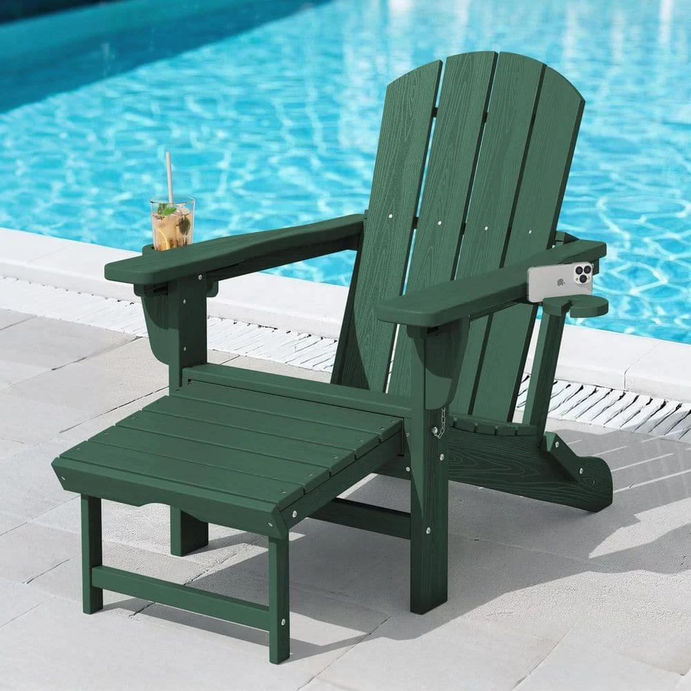 3-Level Adjustable Patio Folding Plastic Adirondack Chair With Retractable Ottoman, Cup And Phone Holders In Dark Green 1 3-Level Adjustable Patio Folding Plastic Adirondack Chair With Retractable Ottoman, Cup And Phone Holders In Dark Green