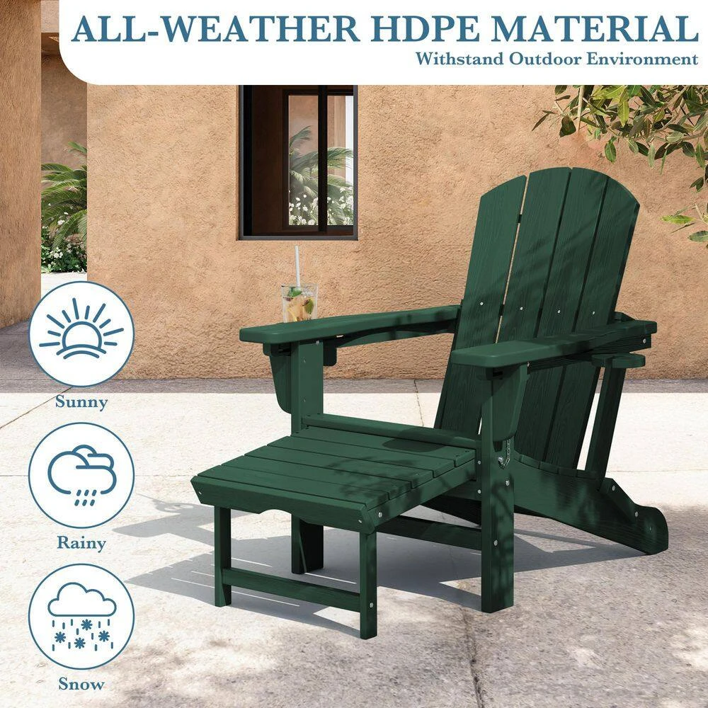 3-Level Adjustable Patio Folding Plastic Adirondack Chair With Retractable Ottoman, Cup And Phone Holders In Dark Green 8 3-Level Adjustable Patio Folding Plastic Adirondack Chair With Retractable Ottoman, Cup And Phone Holders In Dark Green - Image 8