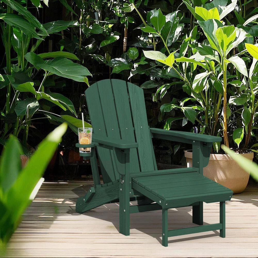 3-Level Adjustable Patio Folding Plastic Adirondack Chair With Retractable Ottoman, Cup And Phone Holders In Dark Green 2 3-Level Adjustable Patio Folding Plastic Adirondack Chair With Retractable Ottoman, Cup And Phone Holders In Dark Green - Image 2