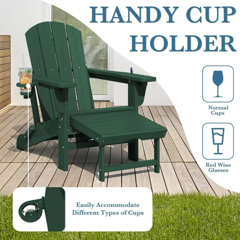 3-Level Adjustable Patio Folding Plastic Adirondack Chair With Retractable Ottoman, Cup And Phone Holders In Dark Green 7 3-Level Adjustable Patio Folding Plastic Adirondack Chair With Retractable Ottoman, Cup And Phone Holders In Dark Green - Image 7
