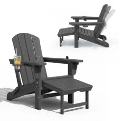3-Level Adjustable Patio Folding Plastic Adirondack Chair With Retractable Ottoman, Cup And Phone Holders In Gray -Jearey jearey plastic adirondack chairs clgjtjy gy 40 1000
