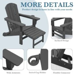 3-Level Adjustable Patio Folding Plastic Adirondack Chair With Retractable Ottoman, Cup And Phone Holders In Gray -Jearey jearey plastic adirondack chairs clgjtjy gy 44 1000