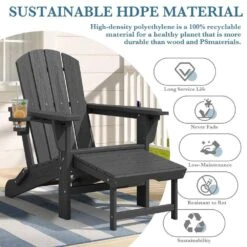 3-Level Adjustable Patio Folding Plastic Adirondack Chair With Retractable Ottoman, Cup And Phone Holders In Gray -Jearey jearey plastic adirondack chairs clgjtjy gy 4f 1000