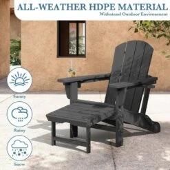 3-Level Adjustable Patio Folding Plastic Adirondack Chair With Retractable Ottoman, Cup And Phone Holders In Gray -Jearey jearey plastic adirondack chairs clgjtjy gy 76 1000
