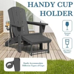 3-Level Adjustable Patio Folding Plastic Adirondack Chair With Retractable Ottoman, Cup And Phone Holders In Gray -Jearey jearey plastic adirondack chairs clgjtjy gy fa 1000