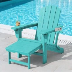 3-Level Adjustable Patio Folding Plastic Adirondack Chair With Retractable Ottoman, Cup And Phone Holders In Cyan