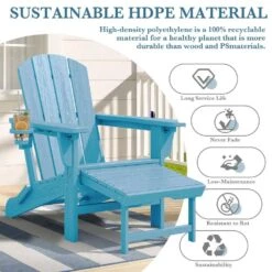 3-Level Adjustable Patio Folding Plastic Adirondack Chair With Retractable Ottoman, Cup And Phone Holders In Light Blue -Jearey jearey plastic adirondack chairs clgjtjy lbl 1f 1000