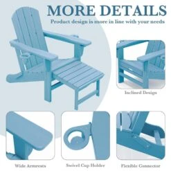 3-Level Adjustable Patio Folding Plastic Adirondack Chair With Retractable Ottoman, Cup And Phone Holders In Light Blue -Jearey jearey plastic adirondack chairs clgjtjy lbl 44 1000