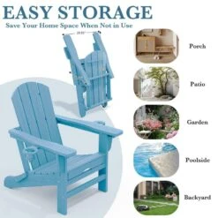 3-Level Adjustable Patio Folding Plastic Adirondack Chair With Retractable Ottoman, Cup And Phone Holders In Light Blue -Jearey jearey plastic adirondack chairs clgjtjy lbl 4f 1000