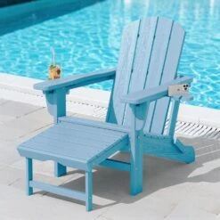 3-Level Adjustable Patio Folding Plastic Adirondack Chair With Retractable Ottoman, Cup And Phone Holders In Light Blue