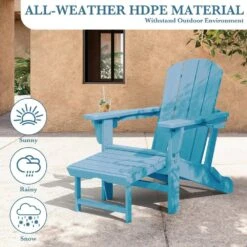 3-Level Adjustable Patio Folding Plastic Adirondack Chair With Retractable Ottoman, Cup And Phone Holders In Light Blue -Jearey jearey plastic adirondack chairs clgjtjy lbl 76 1000