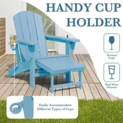 3-Level Adjustable Patio Folding Plastic Adirondack Chair With Retractable Ottoman, Cup And Phone Holders In Light Blue -Jearey jearey plastic adirondack chairs clgjtjy lbl fa 1000
