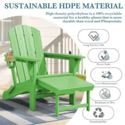 3-Level Adjustable Patio Folding Plastic Adirondack Chair With Retractable Ottoman, Cup And Phone Holders In Light Green -Jearey jearey plastic adirondack chairs clgjtjy lgn 1f 1000