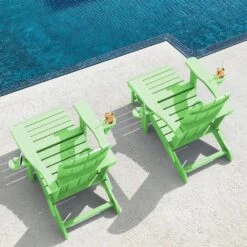 3-Level Adjustable Patio Folding Plastic Adirondack Chair With Retractable Ottoman, Cup And Phone Holders In Light Green -Jearey jearey plastic adirondack chairs clgjtjy lgn 31 1000