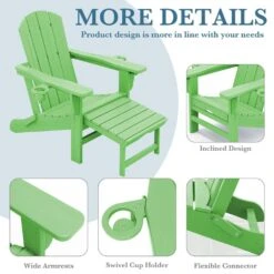 3-Level Adjustable Patio Folding Plastic Adirondack Chair With Retractable Ottoman, Cup And Phone Holders In Light Green -Jearey jearey plastic adirondack chairs clgjtjy lgn 44 1000