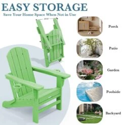 3-Level Adjustable Patio Folding Plastic Adirondack Chair With Retractable Ottoman, Cup And Phone Holders In Light Green -Jearey jearey plastic adirondack chairs clgjtjy lgn 4f 1000