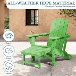3-Level Adjustable Patio Folding Plastic Adirondack Chair With Retractable Ottoman, Cup And Phone Holders In Light Green -Jearey jearey plastic adirondack chairs clgjtjy lgn 76 1000
