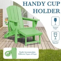 3-Level Adjustable Patio Folding Plastic Adirondack Chair With Retractable Ottoman, Cup And Phone Holders In Light Green -Jearey jearey plastic adirondack chairs clgjtjy lgn fa 1000