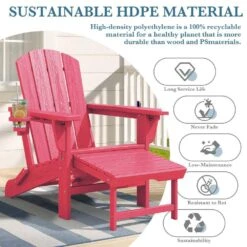 3-Level Adjustable Patio Folding Plastic Adirondack Chair With Retractable Ottoman, Cup And Phone Holders In Light Pink -Jearey jearey plastic adirondack chairs clgjtjy lpk 1f 1000