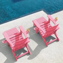 3-Level Adjustable Patio Folding Plastic Adirondack Chair With Retractable Ottoman, Cup And Phone Holders In Light Pink -Jearey jearey plastic adirondack chairs clgjtjy lpk 31 1000