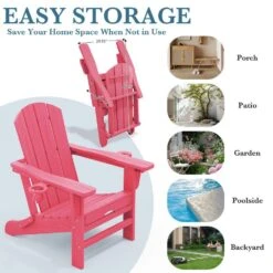 3-Level Adjustable Patio Folding Plastic Adirondack Chair With Retractable Ottoman, Cup And Phone Holders In Light Pink -Jearey jearey plastic adirondack chairs clgjtjy lpk 4f 1000