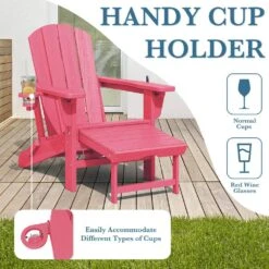 3-Level Adjustable Patio Folding Plastic Adirondack Chair With Retractable Ottoman, Cup And Phone Holders In Light Pink -Jearey jearey plastic adirondack chairs clgjtjy lpk fa 1000