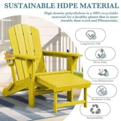 3-Level Adjustable Patio Folding Plastic Adirondack Chair With Retractable Ottoman, Cup And Phone Holders In Yellow -Jearey jearey plastic adirondack chairs clgjtjy nmh 1f 1000