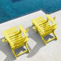 3-Level Adjustable Patio Folding Plastic Adirondack Chair With Retractable Ottoman, Cup And Phone Holders In Yellow -Jearey jearey plastic adirondack chairs clgjtjy nmh 31 1000