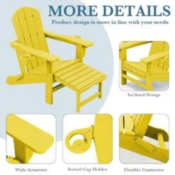 3-Level Adjustable Patio Folding Plastic Adirondack Chair With Retractable Ottoman, Cup And Phone Holders In Yellow -Jearey jearey plastic adirondack chairs clgjtjy nmh 44 1000