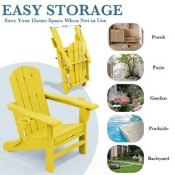 3-Level Adjustable Patio Folding Plastic Adirondack Chair With Retractable Ottoman, Cup And Phone Holders In Yellow -Jearey jearey plastic adirondack chairs clgjtjy nmh 4f 1000
