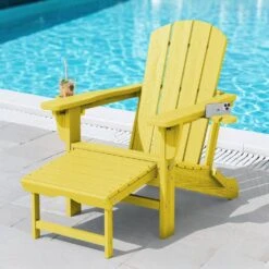 3-Level Adjustable Patio Folding Plastic Adirondack Chair With Retractable Ottoman, Cup And Phone Holders In Yellow
