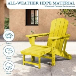3-Level Adjustable Patio Folding Plastic Adirondack Chair With Retractable Ottoman, Cup And Phone Holders In Yellow -Jearey jearey plastic adirondack chairs clgjtjy nmh 76 1000