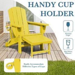 3-Level Adjustable Patio Folding Plastic Adirondack Chair With Retractable Ottoman, Cup And Phone Holders In Yellow -Jearey jearey plastic adirondack chairs clgjtjy nmh fa 1000