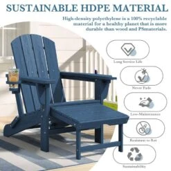 3-Level Adjustable Patio Folding Plastic Adirondack Chair With Retractable Ottoman, Cup And Phone Holders In Navy -Jearey jearey plastic adirondack chairs clgjtjy ny 1f 1000