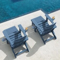 3-Level Adjustable Patio Folding Plastic Adirondack Chair With Retractable Ottoman, Cup And Phone Holders In Navy -Jearey jearey plastic adirondack chairs clgjtjy ny 31 1000