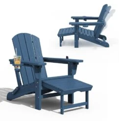 3-Level Adjustable Patio Folding Plastic Adirondack Chair With Retractable Ottoman, Cup And Phone Holders In Navy -Jearey jearey plastic adirondack chairs clgjtjy ny 40 1000