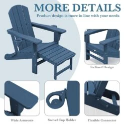 3-Level Adjustable Patio Folding Plastic Adirondack Chair With Retractable Ottoman, Cup And Phone Holders In Navy -Jearey jearey plastic adirondack chairs clgjtjy ny 44 1000