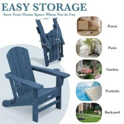 3-Level Adjustable Patio Folding Plastic Adirondack Chair With Retractable Ottoman, Cup And Phone Holders In Navy -Jearey jearey plastic adirondack chairs clgjtjy ny 4f 1000