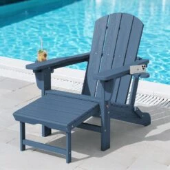 3-Level Adjustable Patio Folding Plastic Adirondack Chair With Retractable Ottoman, Cup And Phone Holders In Navy