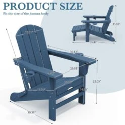 3-Level Adjustable Patio Folding Plastic Adirondack Chair With Retractable Ottoman, Cup And Phone Holders In Navy -Jearey jearey plastic adirondack chairs clgjtjy ny c3 1000