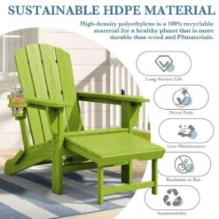 3-Level Adjustable Patio Folding Plastic Adirondack Chair With Retractable Ottoman, Cup And Phone Holders In Apple Green 13 3-Level Adjustable Patio Folding Plastic Adirondack Chair With Retractable Ottoman, Cup And Phone Holders In Apple Green -Jearey jearey plastic adirondack chairs clgjtjy pgl 1f 1000