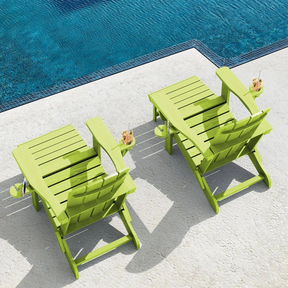 3-Level Adjustable Patio Folding Plastic Adirondack Chair With Retractable Ottoman, Cup And Phone Holders In Apple Green 9 3-Level Adjustable Patio Folding Plastic Adirondack Chair With Retractable Ottoman, Cup And Phone Holders In Apple Green - Image 9
