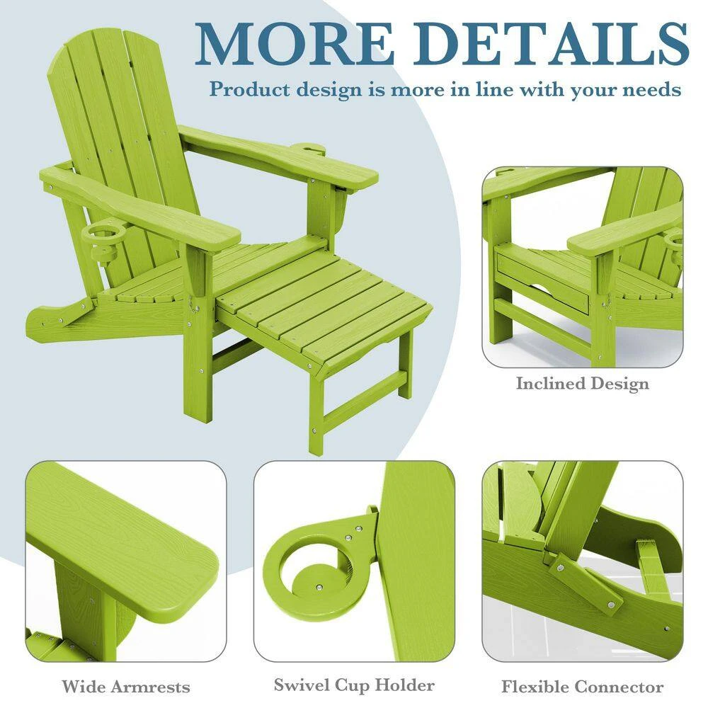 3-Level Adjustable Patio Folding Plastic Adirondack Chair With Retractable Ottoman, Cup And Phone Holders In Apple Green 6 3-Level Adjustable Patio Folding Plastic Adirondack Chair With Retractable Ottoman, Cup And Phone Holders In Apple Green - Image 6