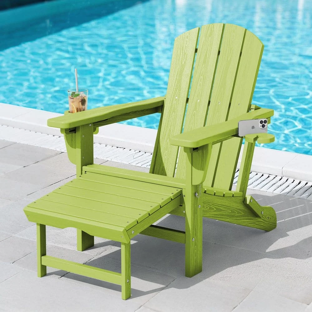 3-Level Adjustable Patio Folding Plastic Adirondack Chair With Retractable Ottoman, Cup And Phone Holders In Apple Green 1 3-Level Adjustable Patio Folding Plastic Adirondack Chair With Retractable Ottoman, Cup And Phone Holders In Apple Green