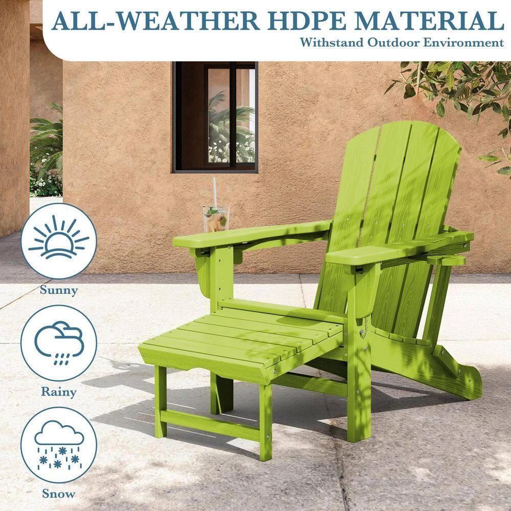 3-Level Adjustable Patio Folding Plastic Adirondack Chair With Retractable Ottoman, Cup And Phone Holders In Apple Green 8 3-Level Adjustable Patio Folding Plastic Adirondack Chair With Retractable Ottoman, Cup And Phone Holders In Apple Green - Image 8
